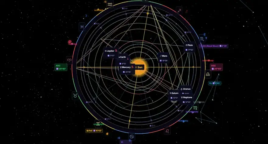 Zodisphere's interactive 3D birth chart for January 1, 1990, New York: the view opens on the face-on natal wheel, travels inward until Earth fills the frame, then orbits it — showing the planets at their true distances and the aspect lines in three dimensions.