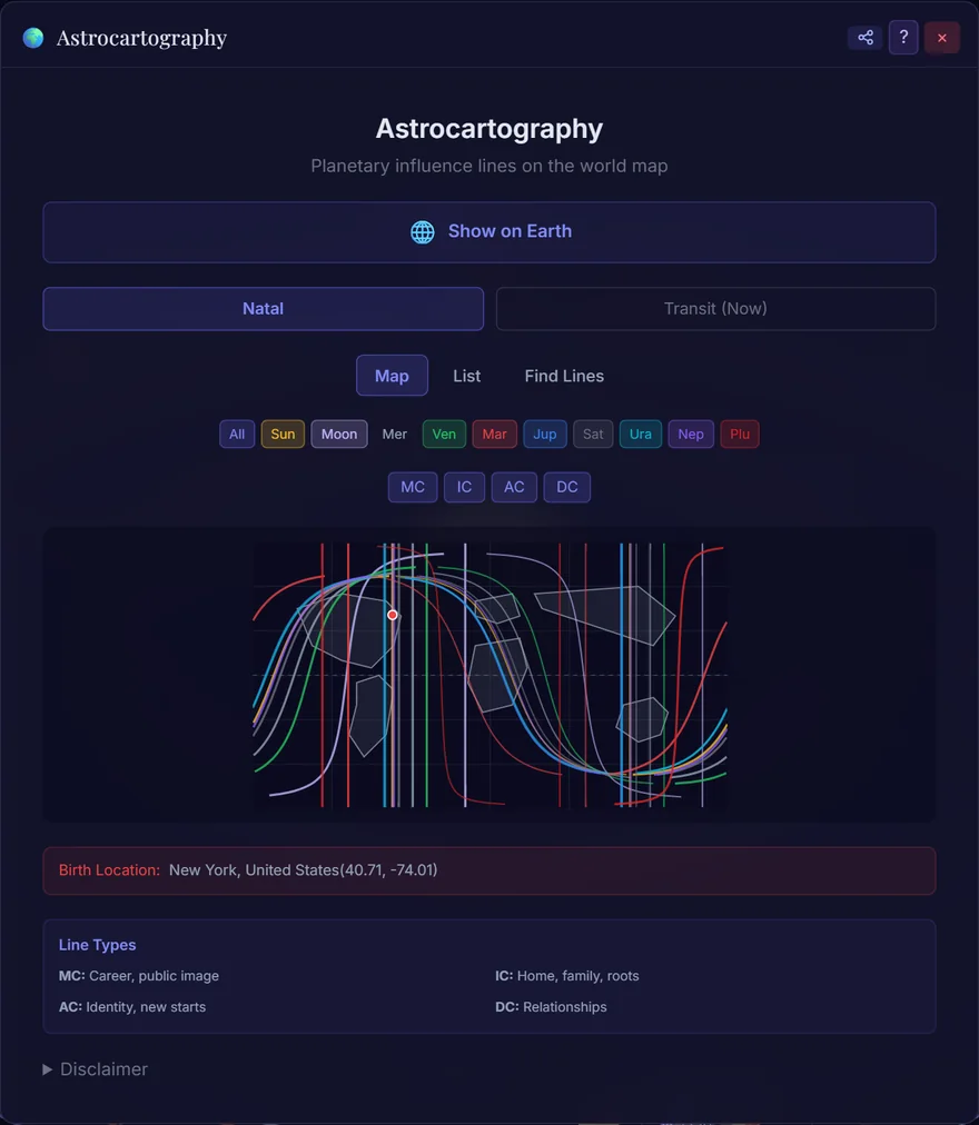A real screen capture of Zodisphere's 2D Astrocartography panel: the sample chart's MC/IC/AC/DC planetary lines drawn in colour across a flat world map, with per-planet and line-type filters, Map / List / Find Lines tabs, and the birth location New York (40.71, -74.05).